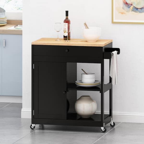 FAMYYT Rolling Small Black Wood Tabletop 32.5 in. Kitchen Island with Drawer
