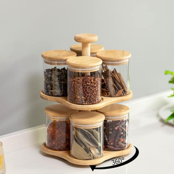 Basicwise Minimalist Two-Tier Bamboo Lazy Susan Turntable with 8