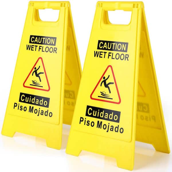 Yellow 17.5 Inch Caution Wet Floor Sign with Double-Sided Folding A-Frame and Bilingual Message for Safety (2-Pack)