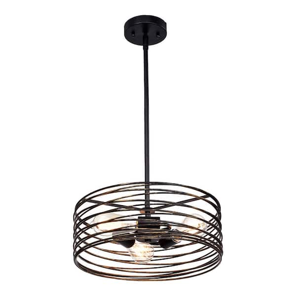 Tidoin 3-Light Black Round Iron Ceiling Lamp Chandelier with Black Ringed