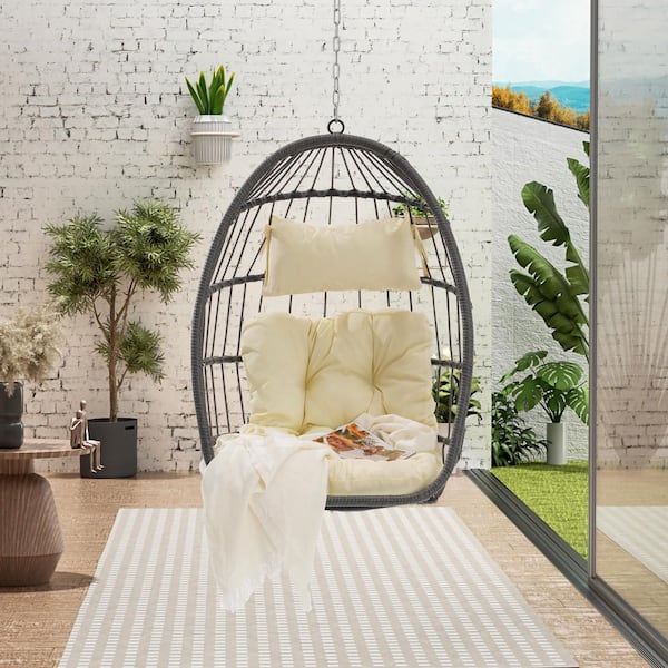 Unbranded Outdoor Garden Rattan Wood Egg Swing Chair Hanging Chair With Beige Cushion
