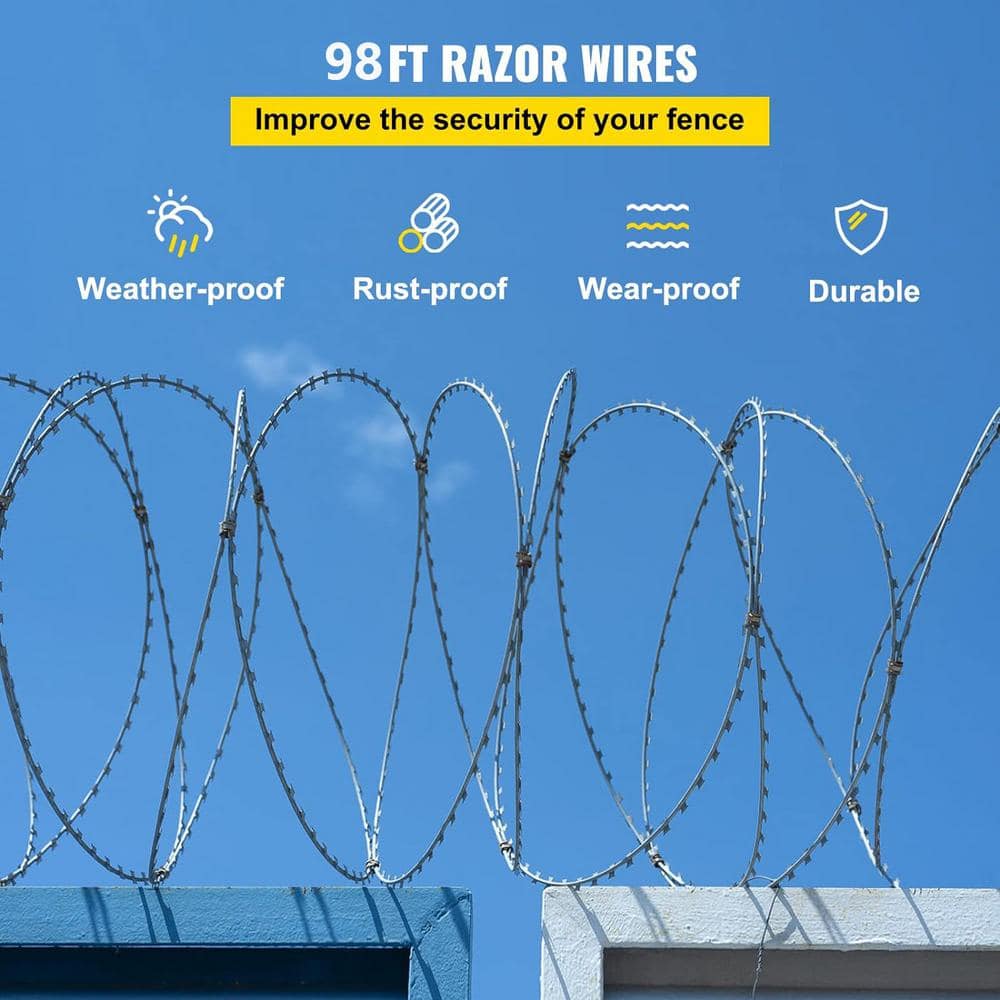 Galvanized Double Spiral Razor Wire Fence Set, 98 ft Coverage