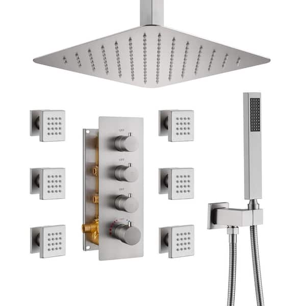 Mondawe Luxury 7-Spray Patterns Thermostatic 12 in. Ceiling Mount Rainfall Dual Shower Heads with 6-Jet in Brushed Nickel
