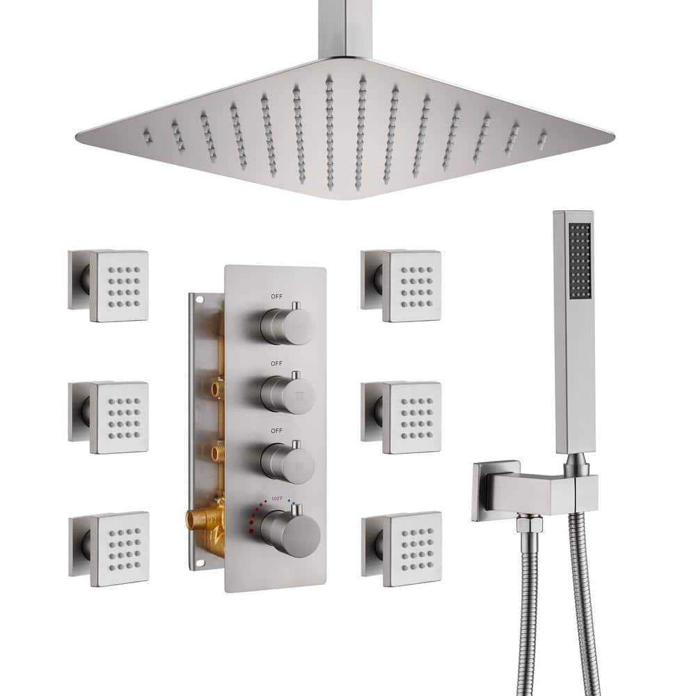 Brushed Nickel Ceiling Mounted Rain Shower System with Handheld and Body Jets