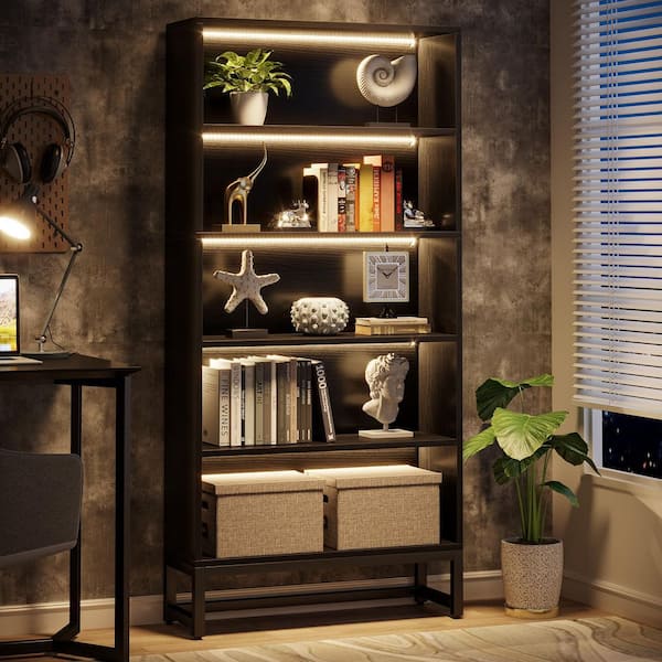 BYBLIGHT 71 in. Tall Black 5-Shelves Standard Wooden Bookcases with Open Storage and LED Strips