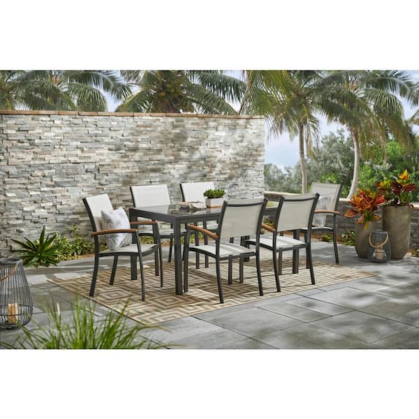 Hampton Bay Baymont 7 Piece Aluminum Patio Outdoor Dining Set With Smoked Glass Table Top And Sling Chairs 207 317 7d Sg2p The Home Depot - Patio Furniture Table And Chairs Home Depot