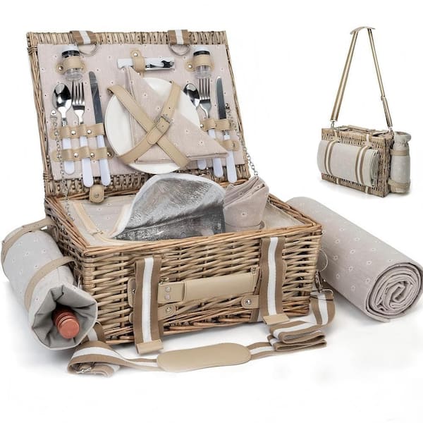 1-Piece Gray Wicker Picnic Basket Set with Insulated Cooler, 2-Person Service and Waterproof Blanket for Camping
