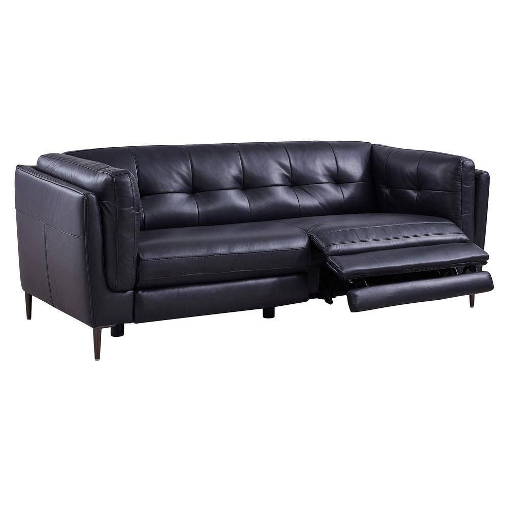 Navy Tufted Leather Power Reclining Sofa with Wood Frame