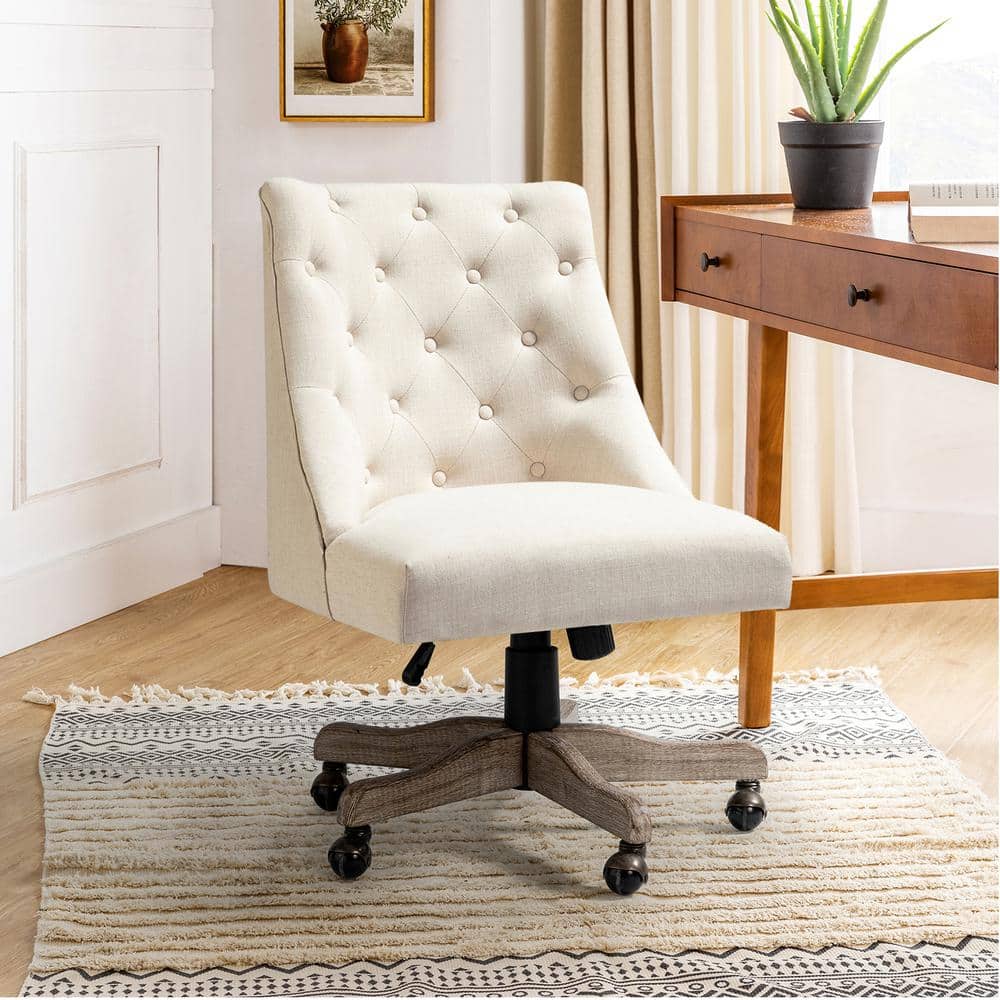 Jovita Beige Button-Tufted Upholstered 17.5 in.-21.5 in. Adjustable Height Swivel Task Chair with Solid Wood