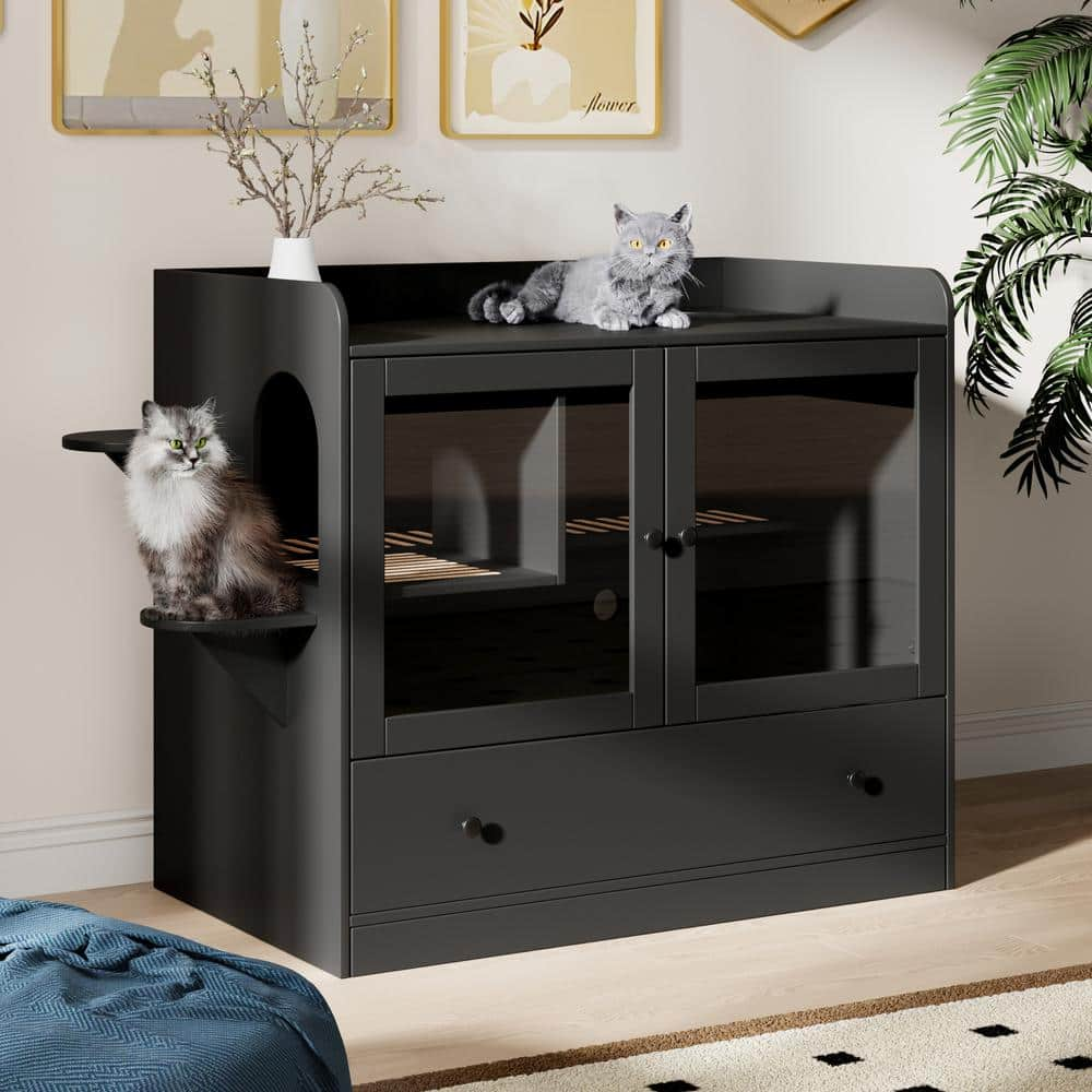 FUFU&GAGA Luxury Cat Litter Box Enclosure XL Multipurpose Cat Condo Hidden Litter Box with Large Drawer and Stairs for Cats, Black