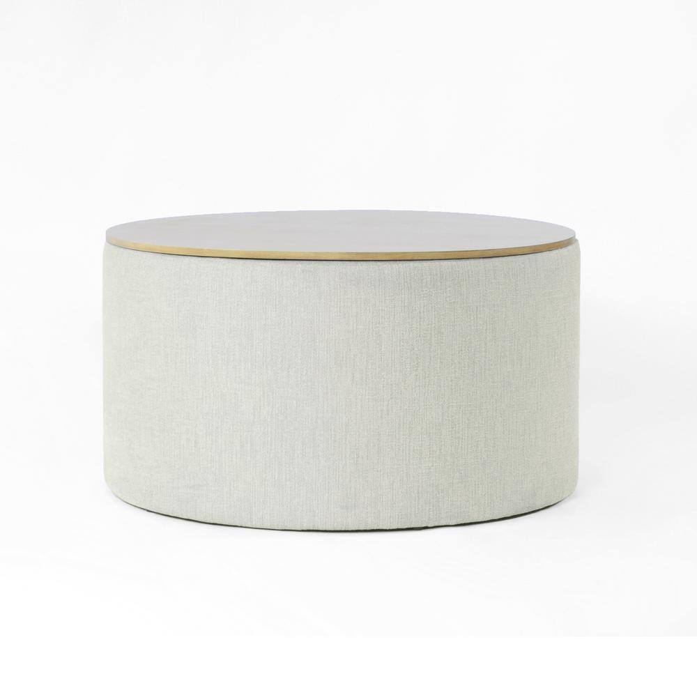 Light Gray Textured Woven Upholstery Fabric Round Storage Ottoman with Wood top