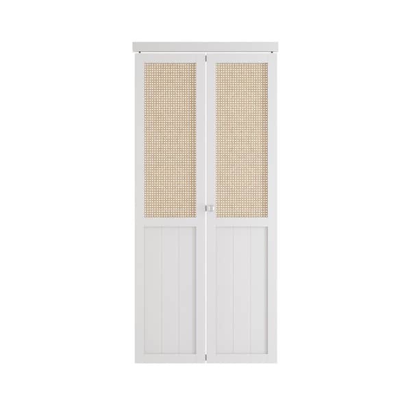 TENONER 36 in x 80 in Webbing & Wood Bi-Fold Interior Door for Closet, MDF, White Folding Door for Wardrobe, including Hardware