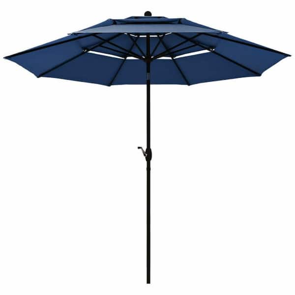 Clihome 10 ft. 3-Tier Aluminum Market Outdoor Patio Umbrella Sunshade Shelter with Double Vented in Navy
