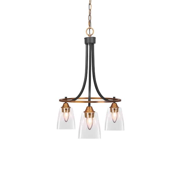 Unbranded Madison 3-Light Matte Black and Brass Round Chandelier with 4.5 in. Square Clear Bubble Glass Shades, No bulbs included
