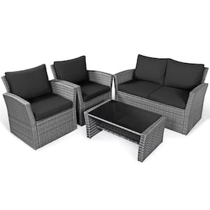 4-Piece Rattan Patio Conversation Set with Black Cushions