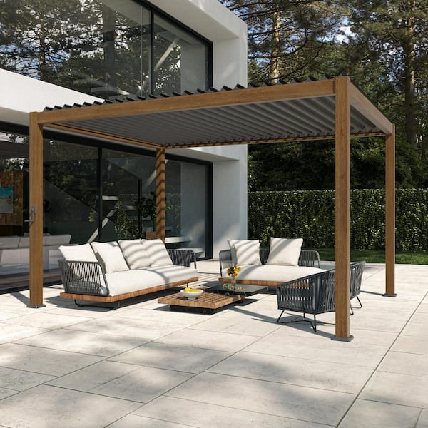 Sonkuki Nordica Series 10 ft. x 13 ft. Aluminum Louvered Pergola, Adjustable Rainproof Roof, Wood Grain