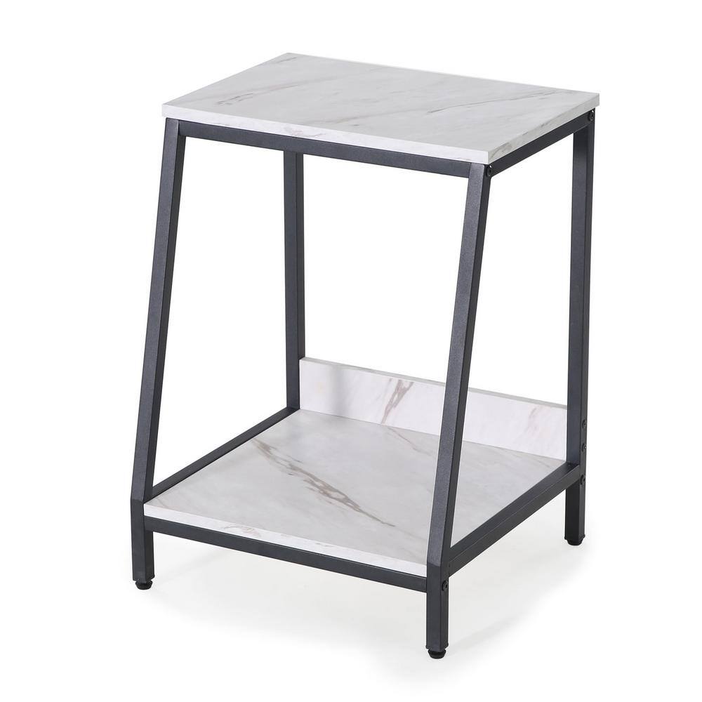 BYBLIGHT Kerlin 17.71 in. White Square Faux Marble End Table, 2Tier Modern Side Table with