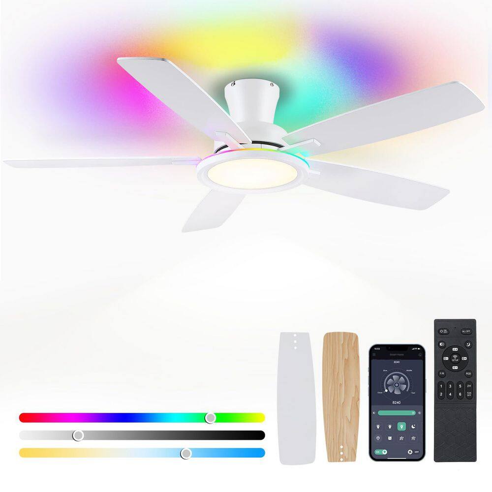 52 in. Indoor/Outdoor Modern Flush Mount White Ceiling Fan with RGB LED Light and Remote/APP Control price history on PriceWatchPro