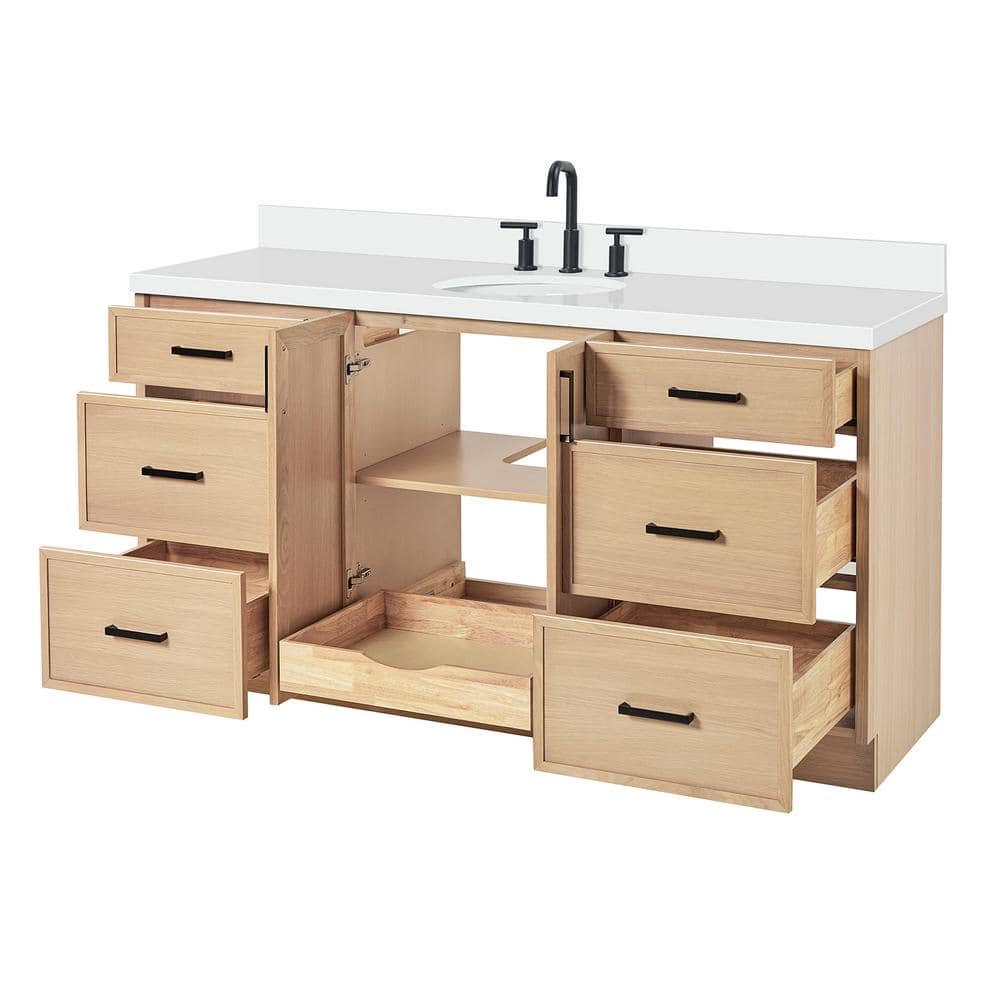 Kelly 67" Light Oak Single Vanity with White Quartz Top