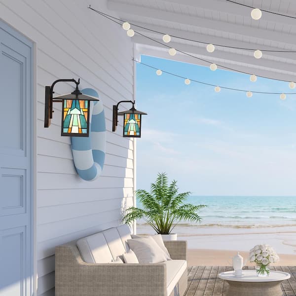 Mission 1-Light Black Hardwired Outdoor Wall Lantern Sconce with Aqua Stained Glass