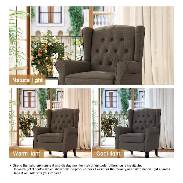【つばめ】OARKS ARM CHAIR① Uixe Modern Taupe Linen Upholstered Button High Back Accent Arm
