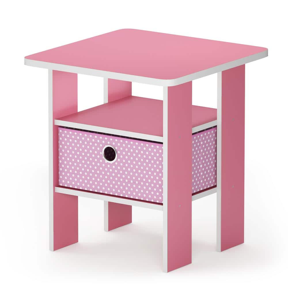 Pink and White Particle Board End Table with Fabric Drawer