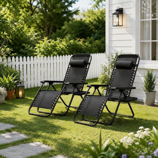 twocorn 2-Pieces Black Steel Folding Recliner Zero Gravity Outdoor