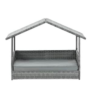 Dark Gray PE Wicker Outdoor Patio Dog Bed, Pet Bed, Pet Enclosures with Canopy