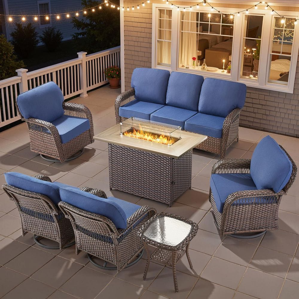 Tyber 7-Piece Brown Wicker Patio Conversation Sets Wicker Patio Fire Pit Table Sectional Seating Set with Blue Cushions price history on PriceWatchPro