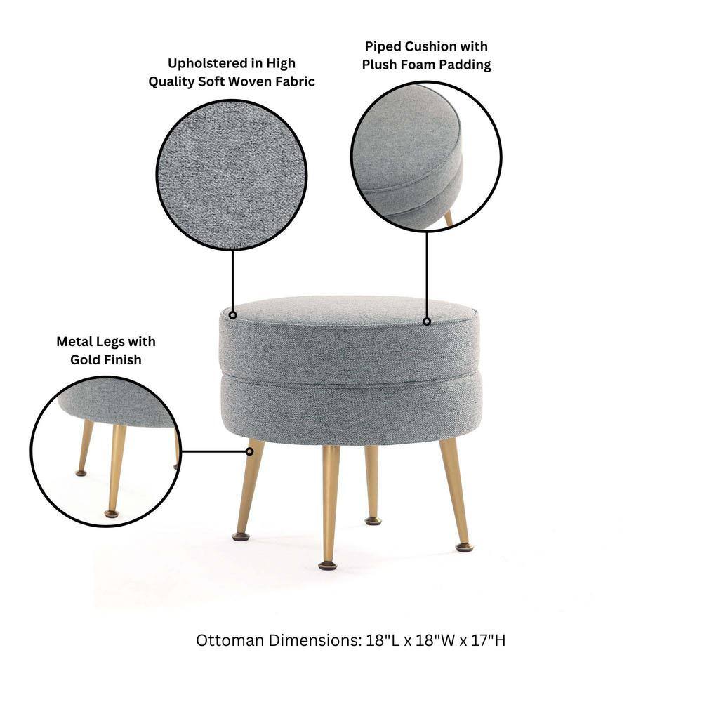 Bailey Round Gray Upholstered Ottoman with Gold Legs