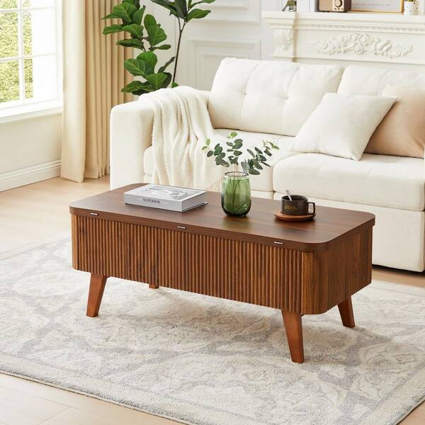 ATHMILE 42. 91 in. L Walnut Oval MDF Coffee Table With Built-in