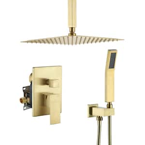 1-Spray Patterns with 2.5 GPM 12 in. Ceiling Mount Dual Shower Heads with Pressure Balance Valve in Brushed Gold