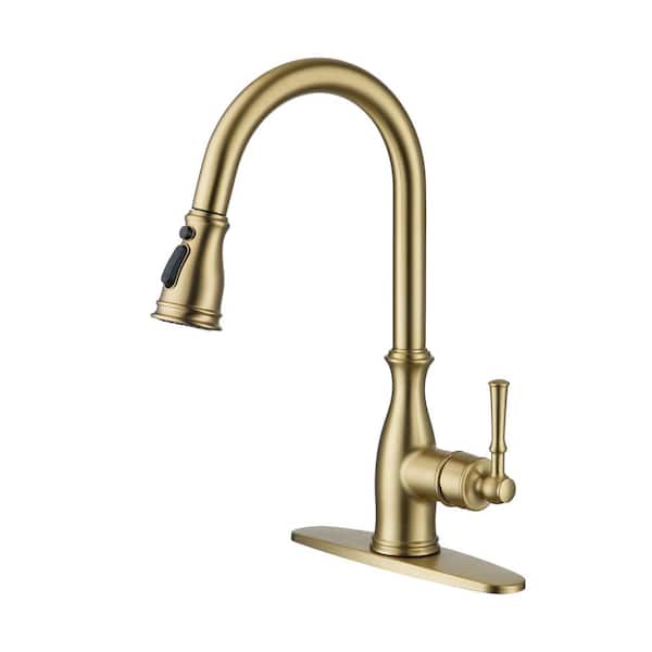 Boyel Living 3-Spray Patterns Single Handle Pull Down Sprayer Kitchen Faucet with Deck Plate and Ceramic Cartridge in Brushed Gold
