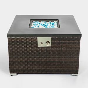 Dark Brown Square Wicker 32 in. Outdoor Propane Fire Pits Table with Glass Rocks and Waterproof Rain Cover