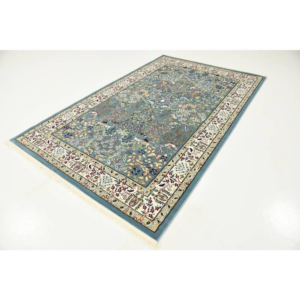 Elegant Blue Floral Rectangular Indoor Rug 5' x 8'