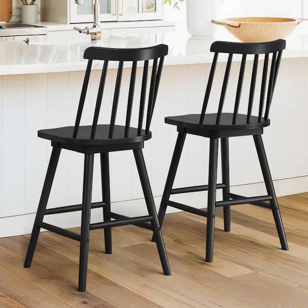 Windsor 24 in. Black Swivel Counter Stools Solid Wood Counter Height Bar Stools Set of 2