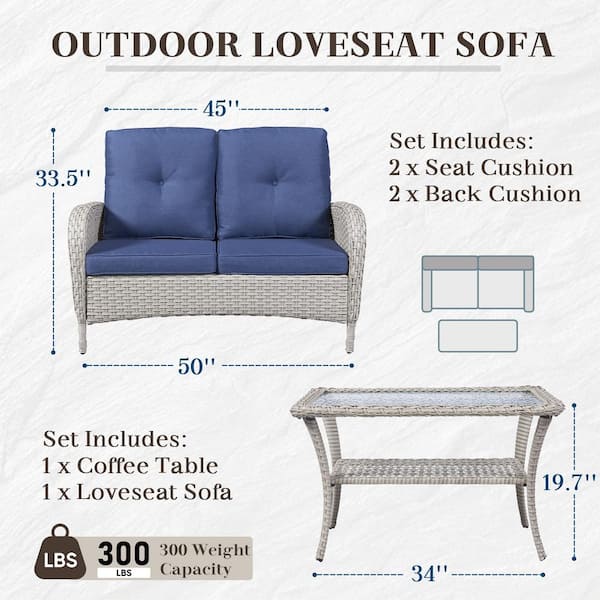 2-Piece Gray Wicker Outdoor Loveseat Set Patio Rattan Loveseat with Blue Cushions and Coffee Table