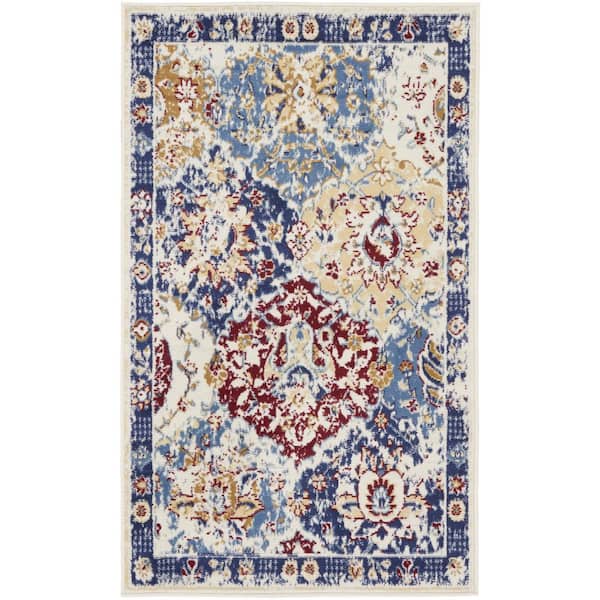 3 ft. x 5 ft. Ivory Red and Blue Ogee Distressed Non Skid Area Rug