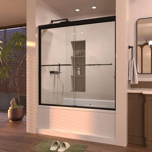 TaiMei Prism 60 in. W x 56 in. H Sliding Semi-Frameless Tub Door in Matte Black with Clear Glass and Handles