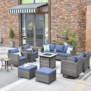 Mars Gray 9-Piece 7-People Wicker Patio Conversation Fire Pit Sofa Set with Denim Blue Cushion and Swivel Rocking Chairs