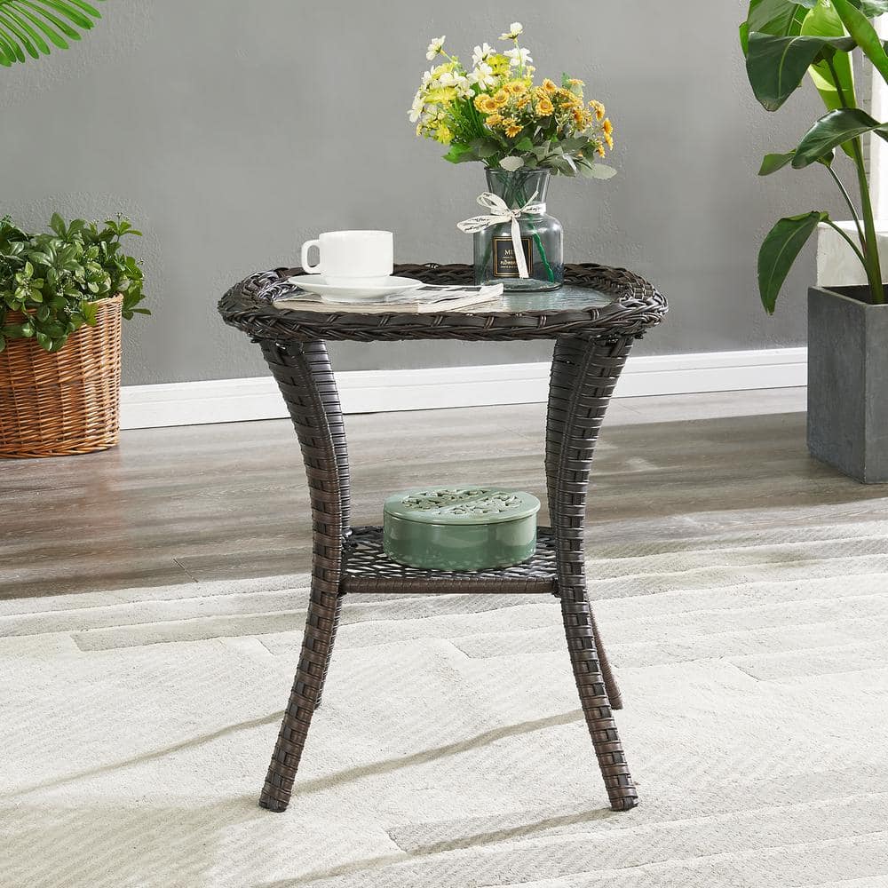 Brown Square Wicker Outdoor Glass Side Table with Storage