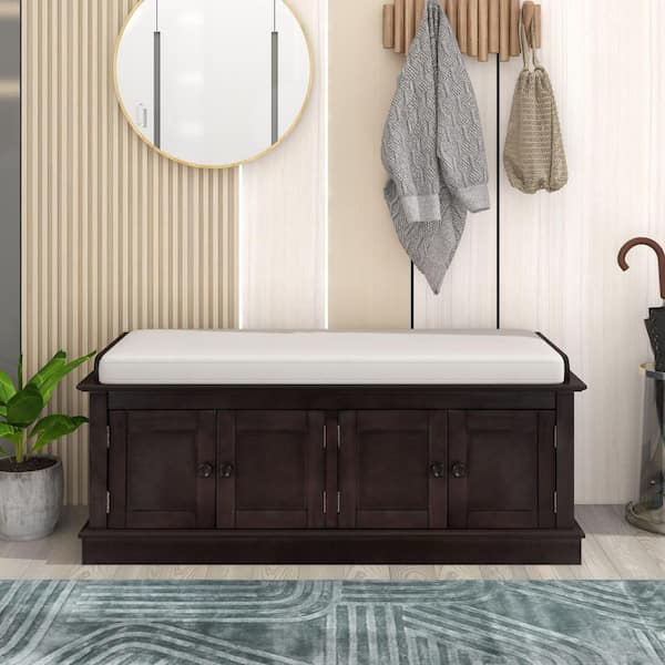 17.4 in. H x 42.7 in. W Brown Solid Wood Shoe Storage Bench with 4-Doors, Adjustable Shelves and Removable Cushion