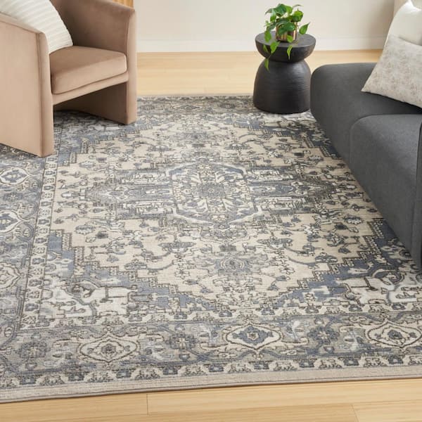 Concerto Ivory Blue 10 ft. x 14 ft. Center medallion Transitional Area Rug