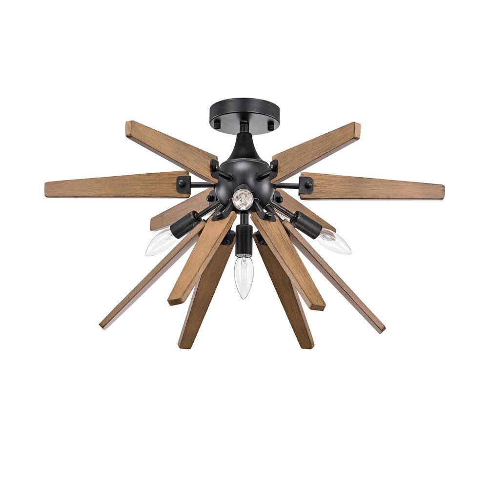 Bernice 26'' Antique Black and Natural Wood Sputnik Flush Mount
