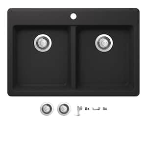 Stonehaven 33 in. Drop-In 50/50 Double Bowl Black Onyx Granite Composite Kitchen Sink with Stainless Steel Strainer