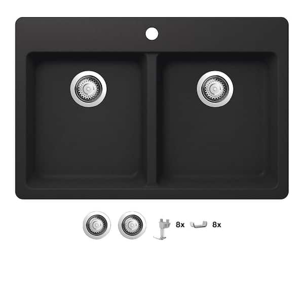 Glacier Bay Stonehaven 33 in. Drop-In 50/50 Double Bowl Black Onyx Granite Composite Kitchen Sink with Stainless Steel Strainer