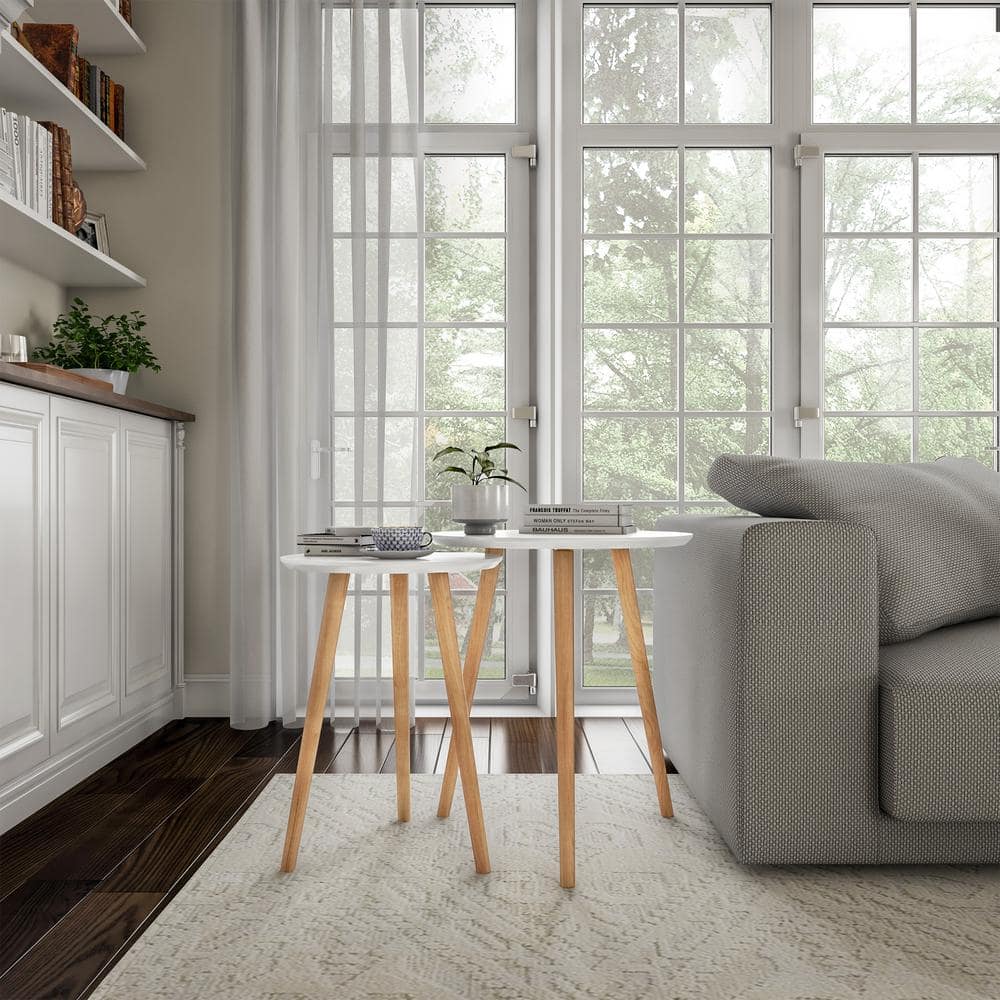 White and Natural Wood Mid-Century Modern Nesting End Tables Set