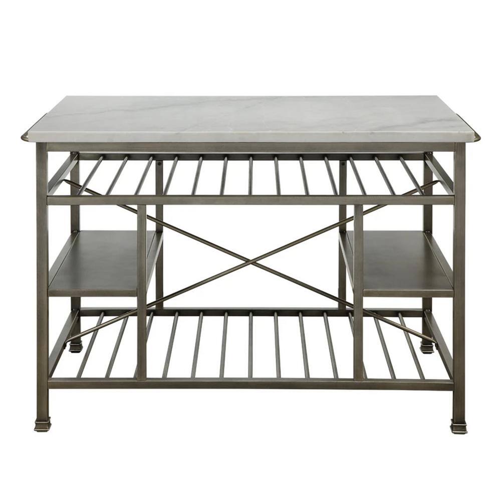 Elegant Gunmetal and White Marble Kitchen Island with Slated Shelves