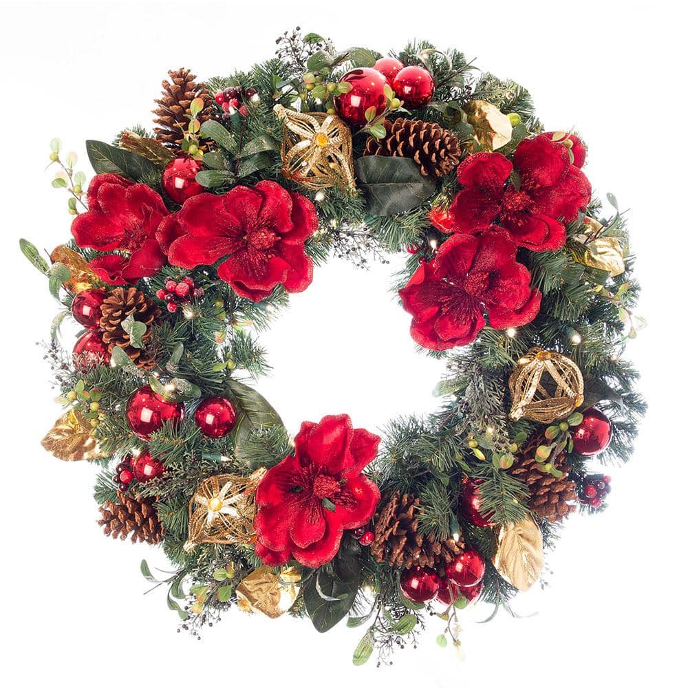 Village Lighting 30 in. Pre-Lit LED Wreath - Red Magnolia