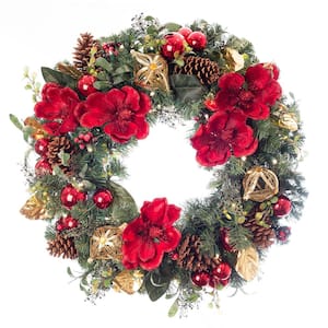 30 in. Artificial Pre-Lit LED Red Magnolia Wreath